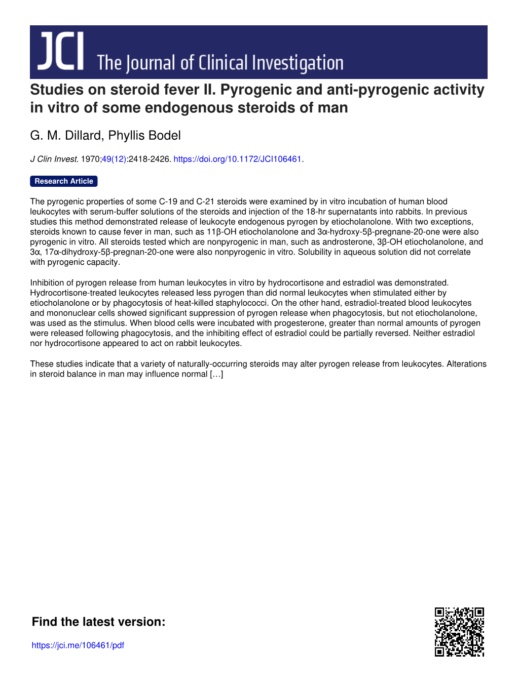 Studies on Steroid Fever II. Pyrogenic and Anti-Pyrogenic Activity in Vitro of Some Endogenous Steroids of Man