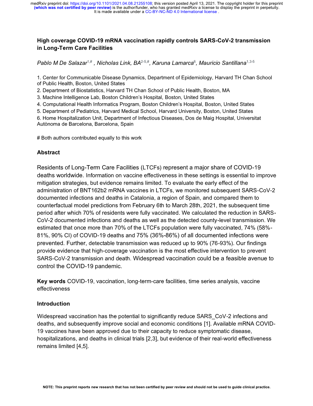 High Coverage COVID-19 Mrna Vaccination Rapidly Controls SARS-Cov-2 Transmission in Long-Term Care Facilities