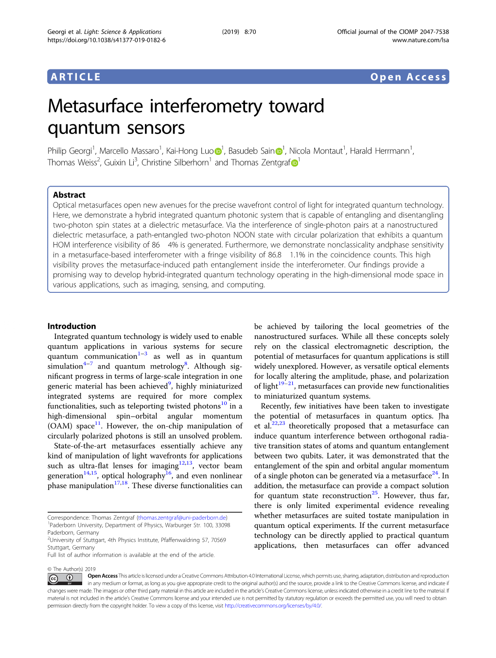 Metasurface Interferometry Toward Quantum Sensors