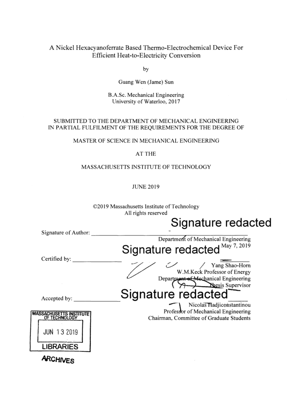 Ire Redacted May 7,2019 Certified By: / Yang Shao-Horn W.M.Keck Professor of Energy Depart Cal Engineering Sis Supervisor