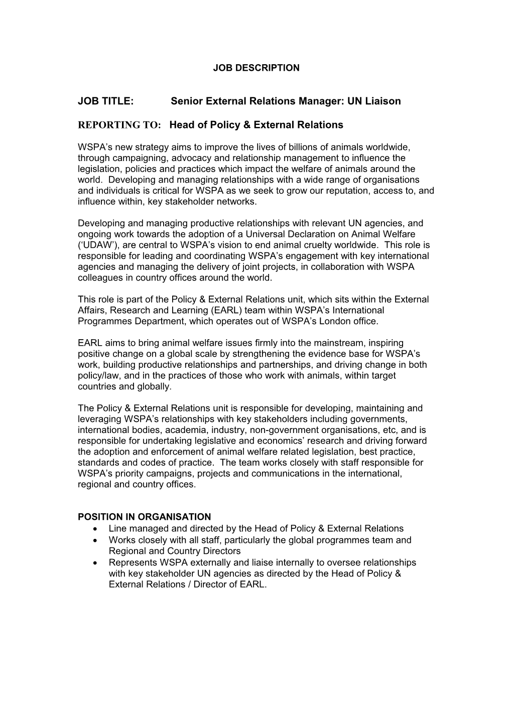 JOB TITLE: Senior External Relations Manager: UN Liaison