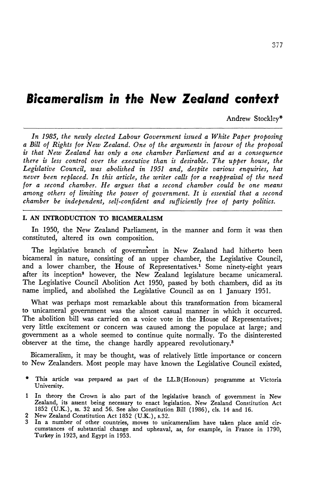 Bicameralism in the New Zealand Context