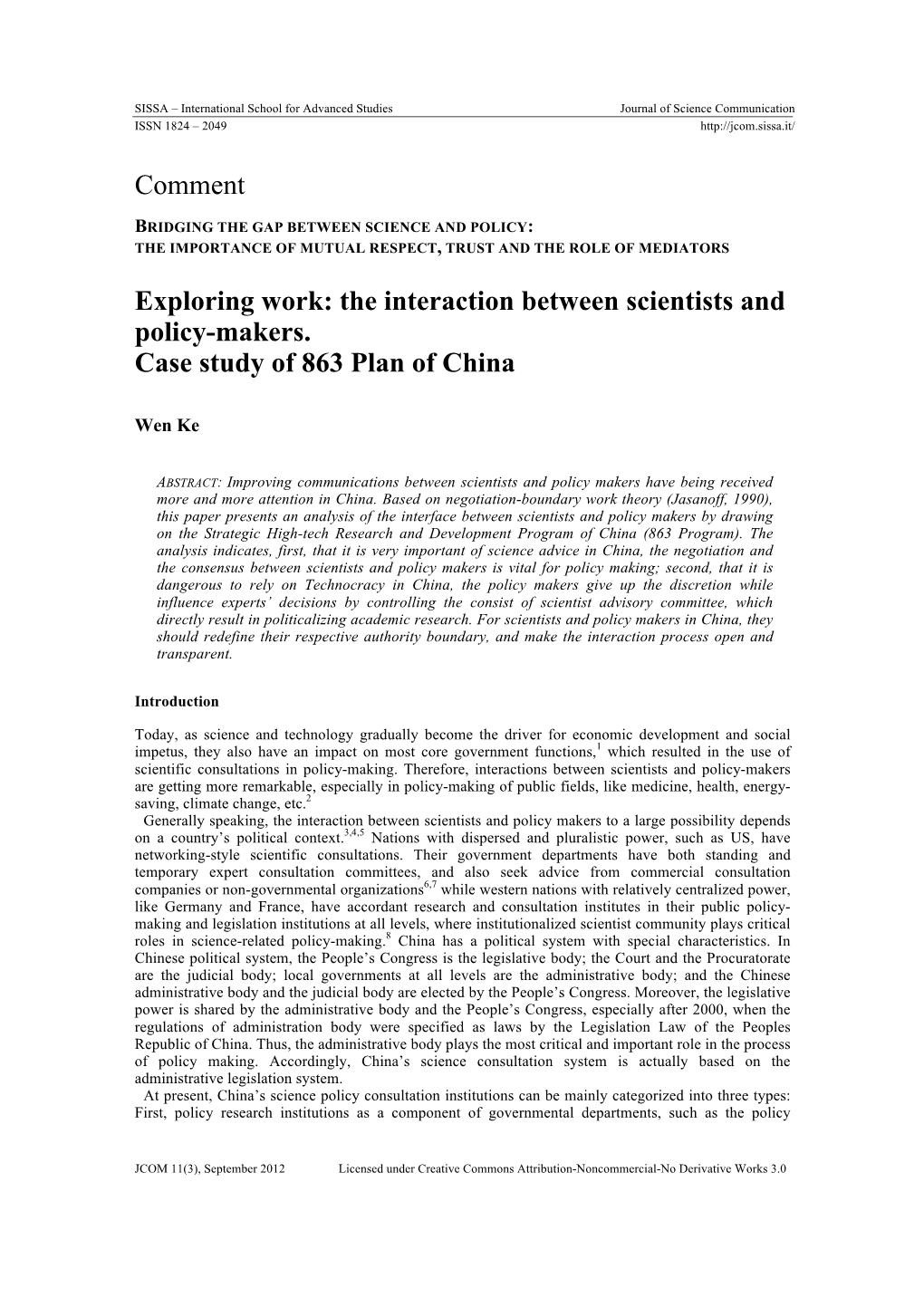 The Interaction Between Scientists and Policy-Makers. Case Study of 863 Plan of China