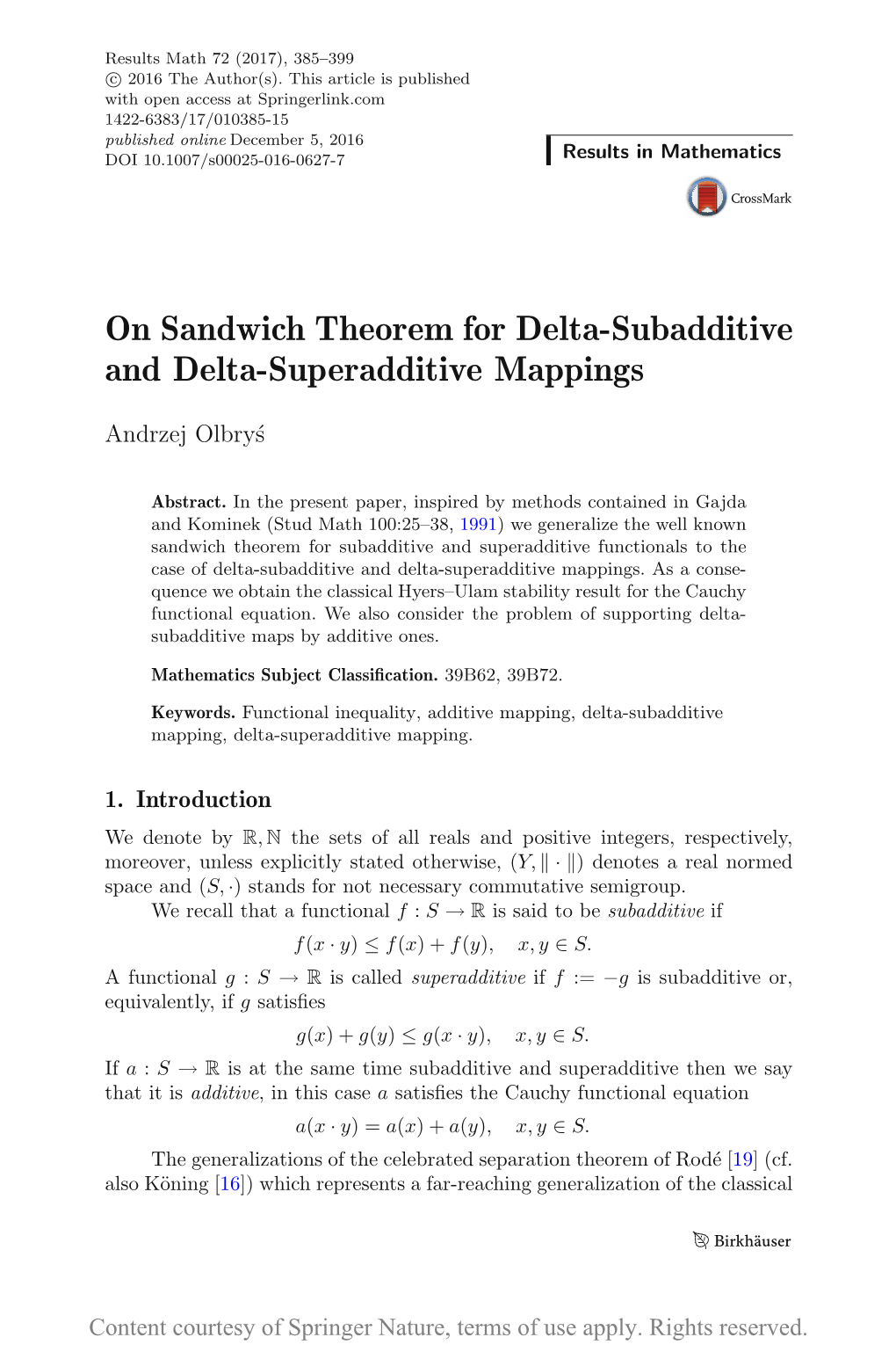 On Sandwich Theorem for Delta-Subadditive and Delta-Superadditive Mappings