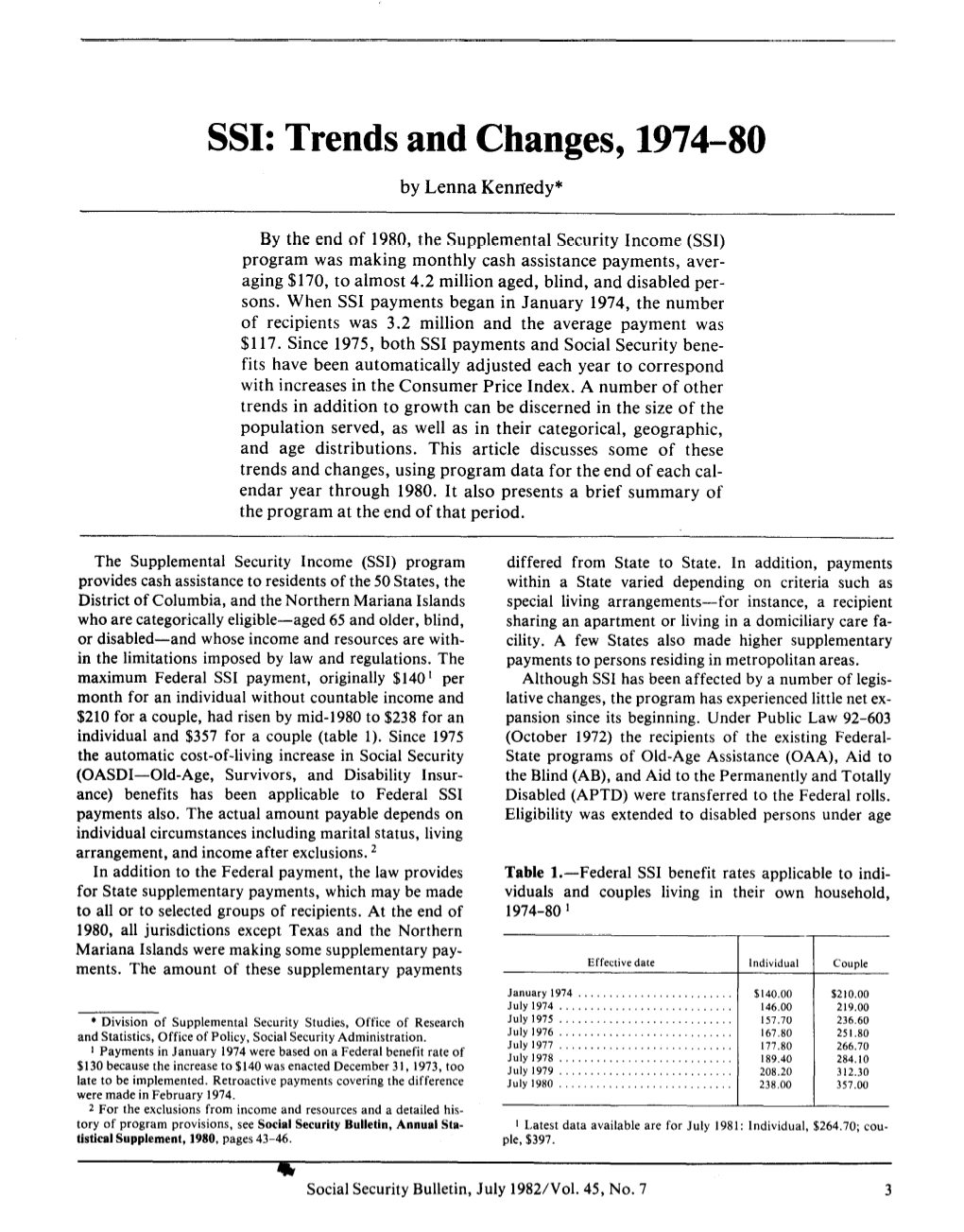 SSI: Trends and Changes, 1974–80