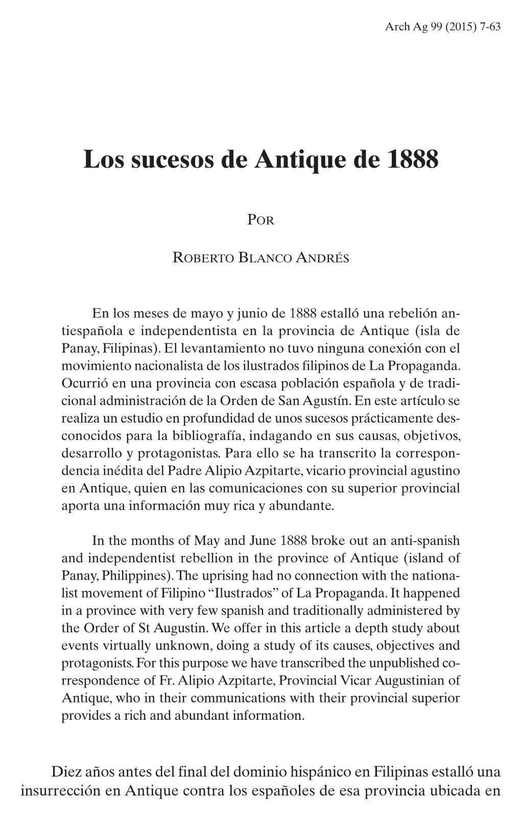 Roberto BLANCO ANDRÉS, Los Sucesos De Antique De 1888, Pp. 7