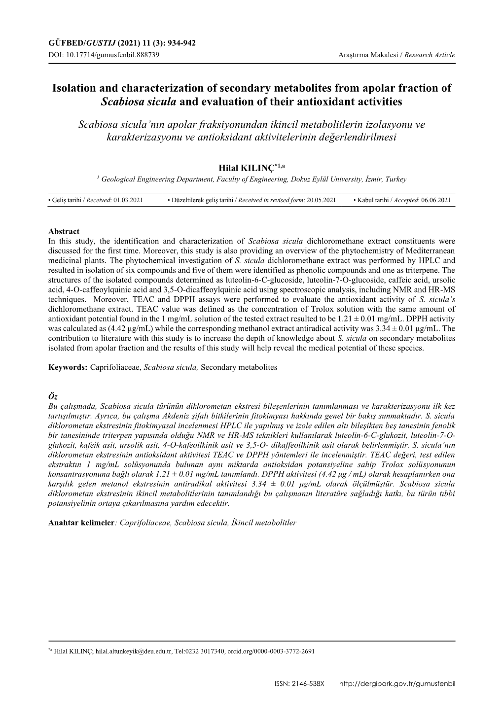 Isolation and Characterization of Secondary Metabolites from Apolar Fraction of Scabiosa Sicula and Evaluation of Their Antioxidant Activities