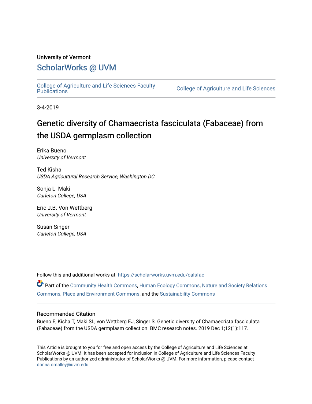Genetic Diversity of Chamaecrista Fasciculata (Fabaceae) from the USDA Germplasm Collection