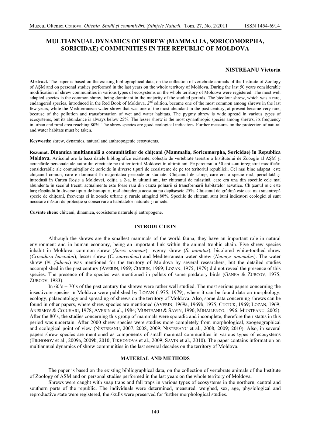 Multiannual Dynamics of Shrew (Mammalia, Soricomorpha, Soricidae) Communities in the Republic of Moldova