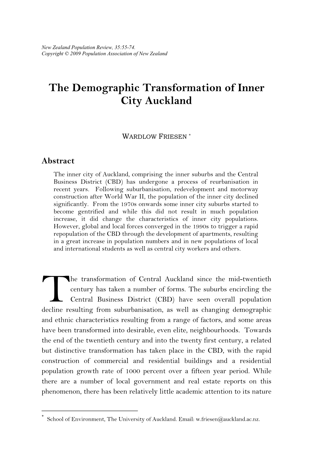 The Demographic Transformation of Inner City Auckland