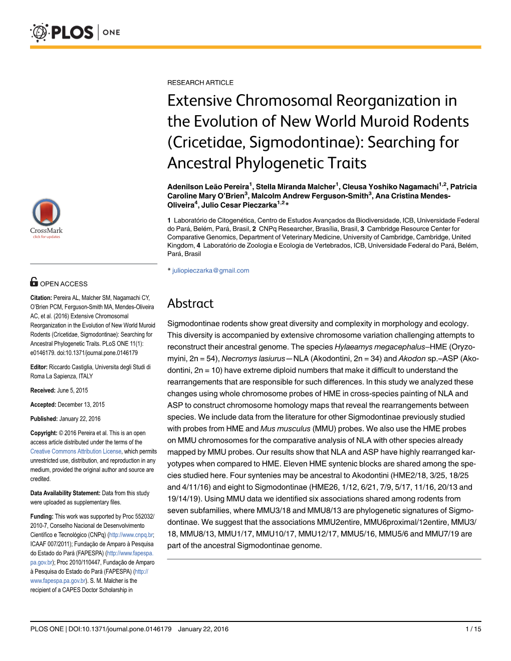 Cricetidae, Sigmodontinae): Searching for Ancestral Phylogenetic Traits