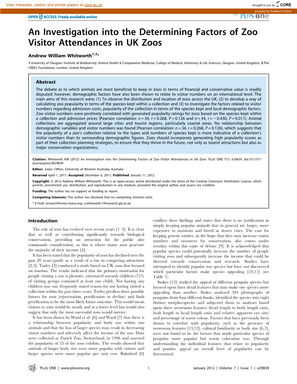 An Investigation Into the Determining Factors of Zoo Visitor Attendances in UK Zoos