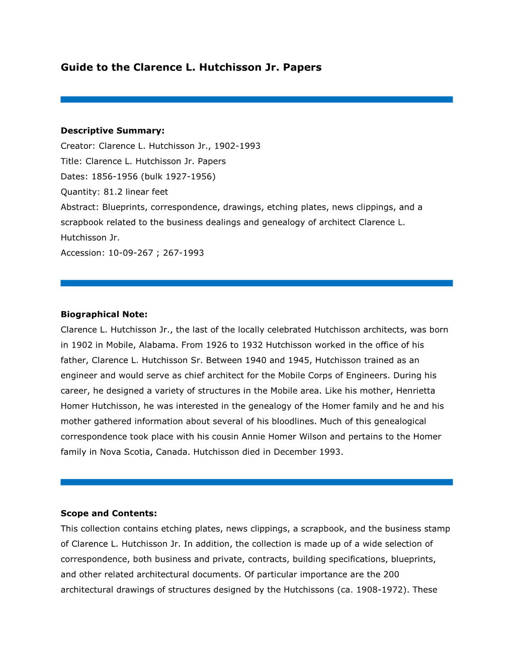 Guide to the Clarence L. Hutchisson Jr. Papers