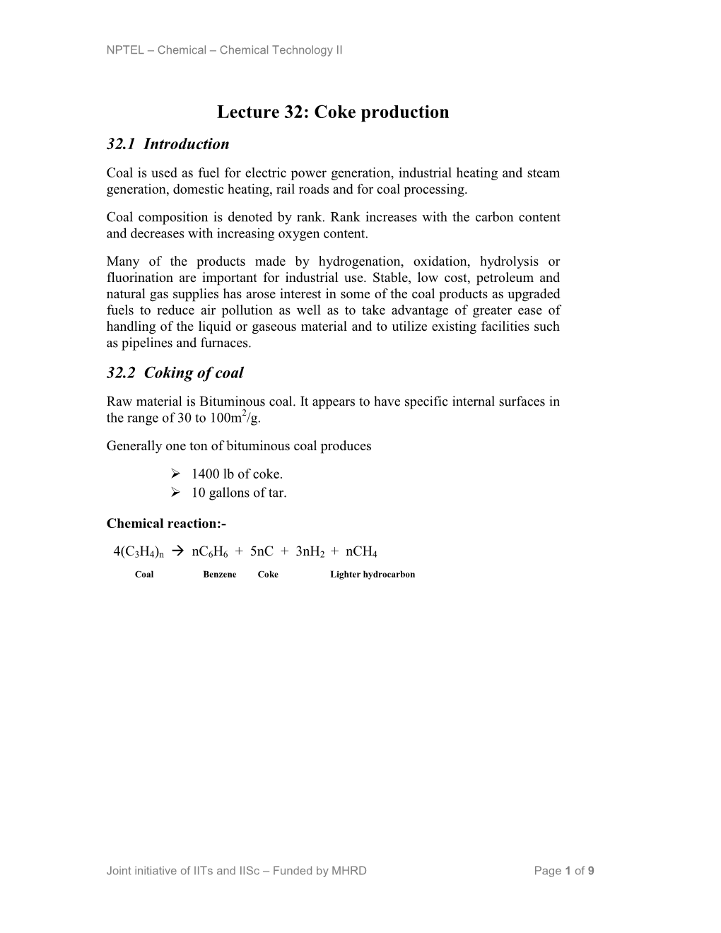 Lecture 32: Coke Production