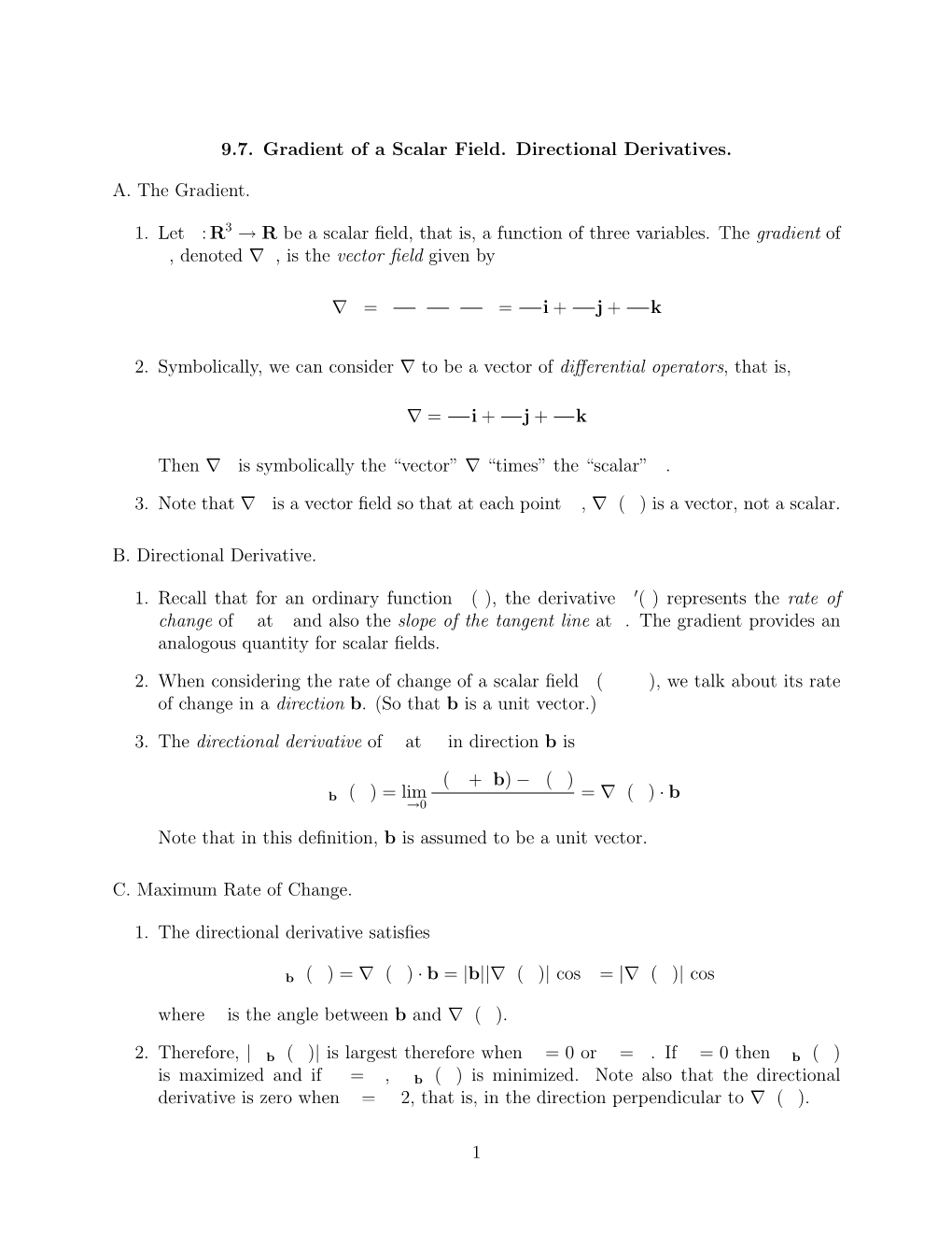 9.7. Gradient of a Scalar Field. Directional Derivatives. A. The