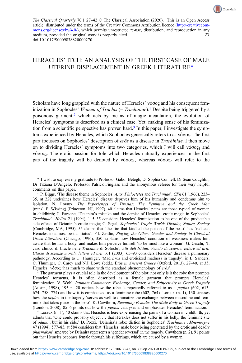 Heracles' Itch: an Analysis of the First Case of Male Uterine Displacement in Greek Literature