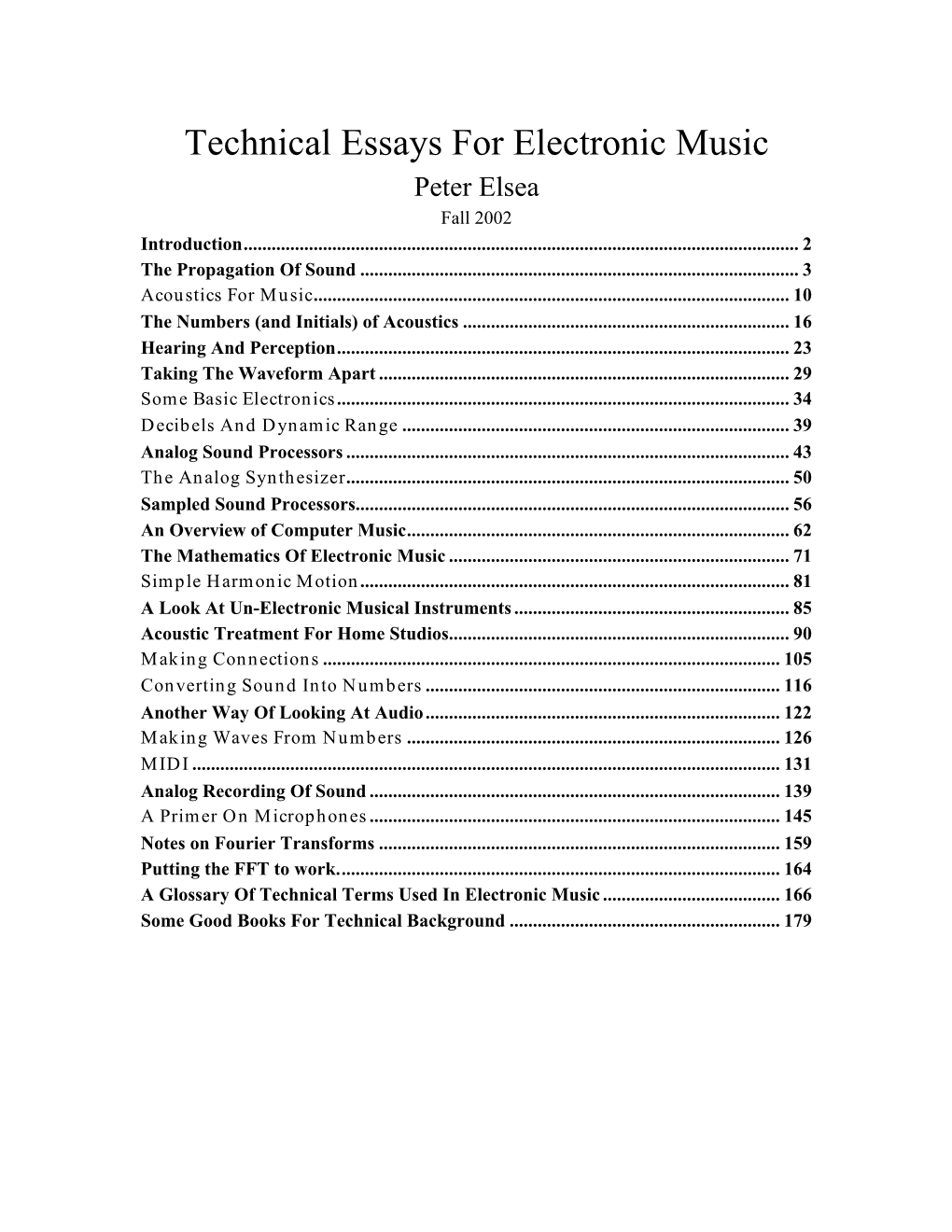 Technical Essays for Electronic Music Peter Elsea Fall 2002 Introduction