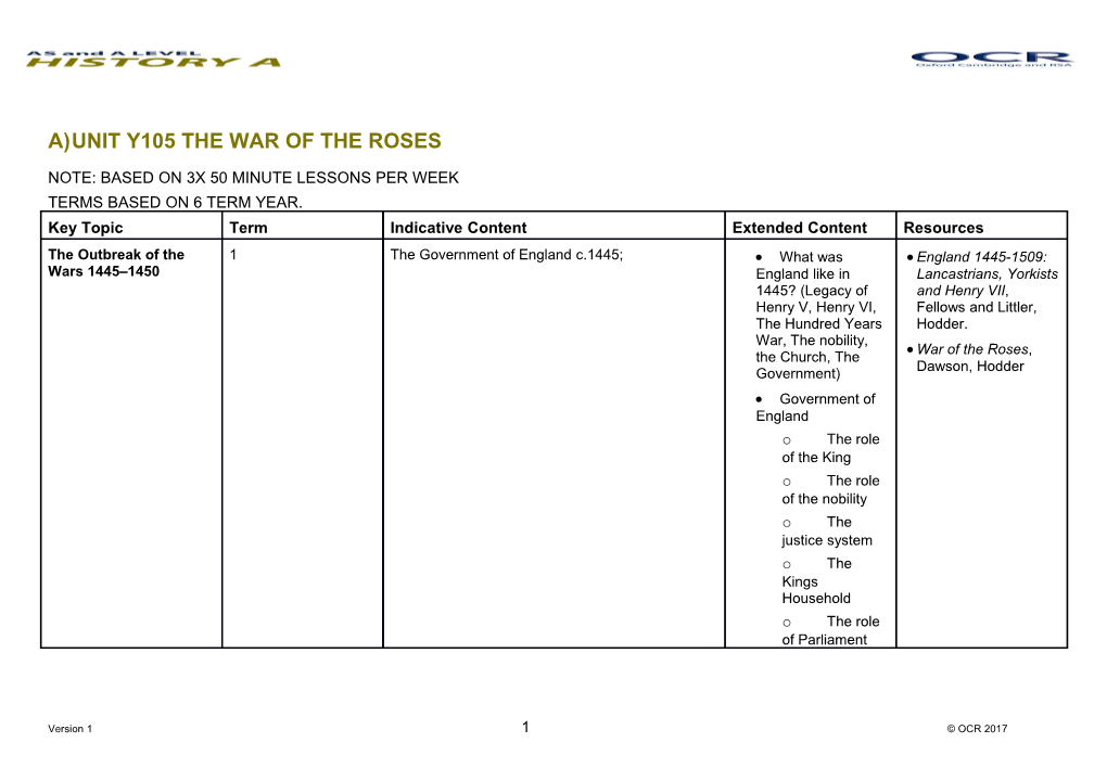 OCR a and AS History Unit Y105 Scheme of Work