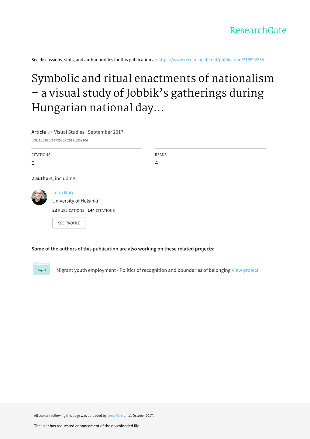 Symbolic and Ritual Enactments of Nationalism – a Visual Study of Jobbik’S Gatherings During Hungarian National Day