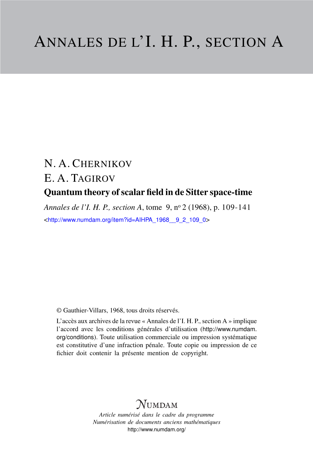 Quantum Theory of Scalar Field in De Sitter Space-Time