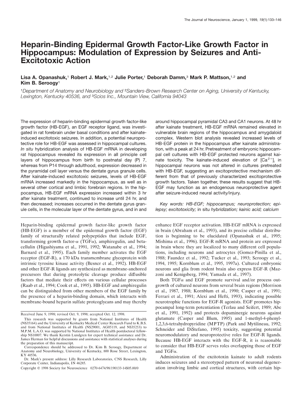 Heparin-Binding Epidermal Growth Factor-Like Growth Factor in Hippocampus: Modulation of Expression by Seizures and Anti- Excitotoxic Action