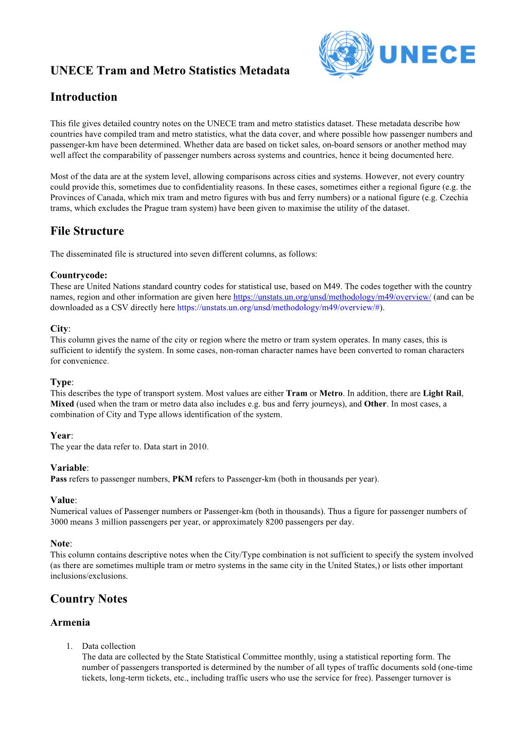 UNECE Tram and Metro Statistics Metadata Introduction File Structure