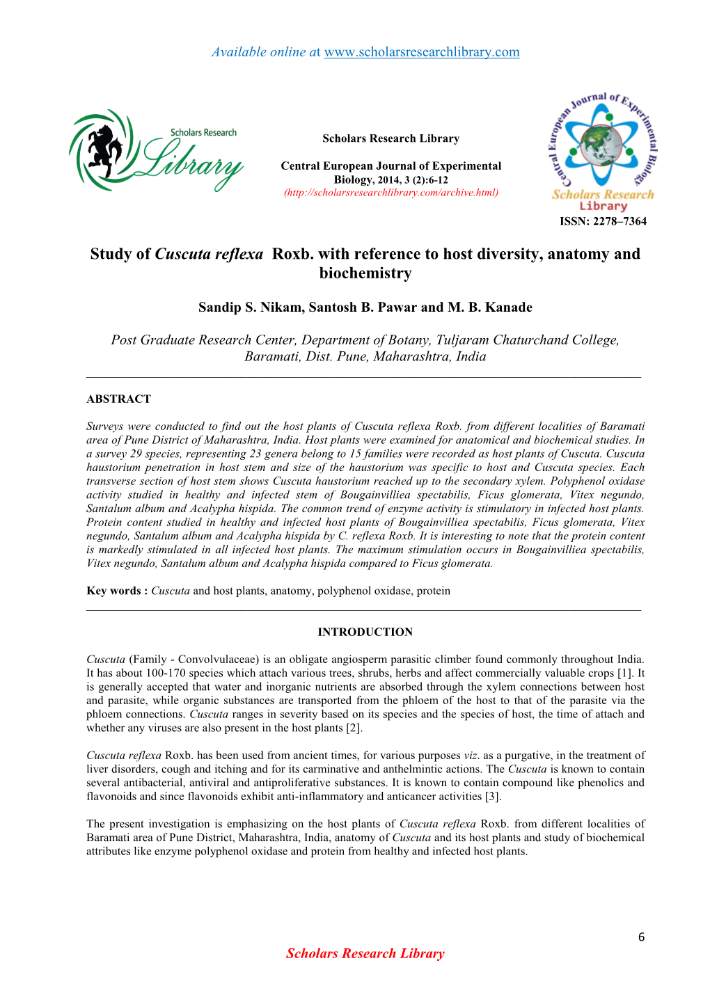 Study of Cuscuta Reflexa Roxb. with Reference to Host Diversity, Anatomy and Biochemistry