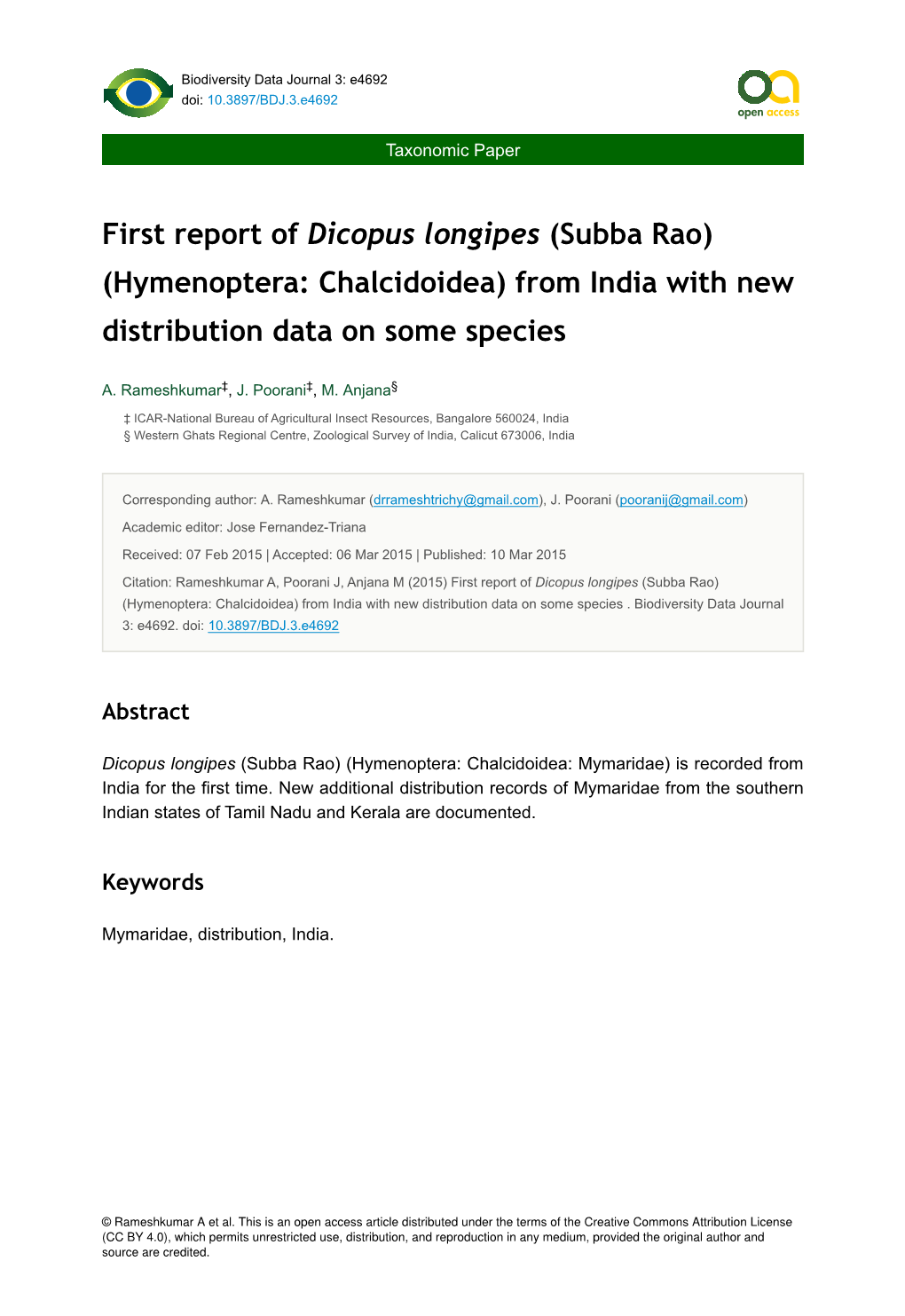 First Report of Dicopus Longipes (Subba Rao) (Hymenoptera: Chalcidoidea) from India with New Distribution Data on Some Species