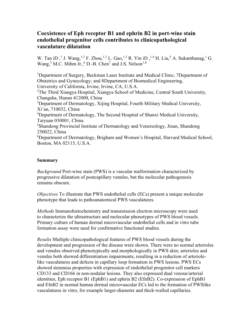 Coexistence of Eph Receptor B1 and Ephrin B2 in Port-Wine Stain Endothelial Progenitor Cells Contributes to Clinicopathological Vasculature Dilatation