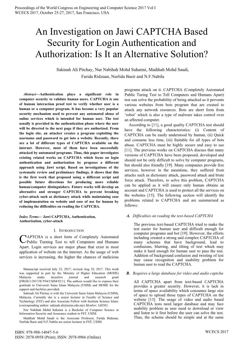 An Investigation on Jawi CAPTCHA Based Security for Login Authentication and Authorization: Is It an Alternative Solution?