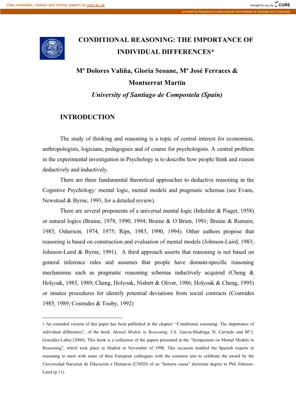 Conditional Reasoning: the Importance of Individual Differences*