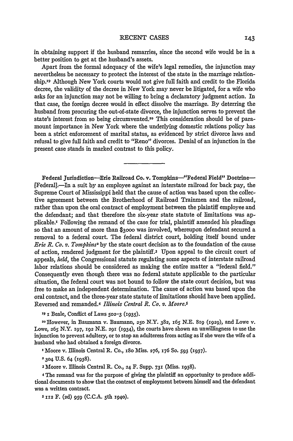 Recent Cases: Federal Jurisdiction. Erie Railroad Co. V. Tompkins