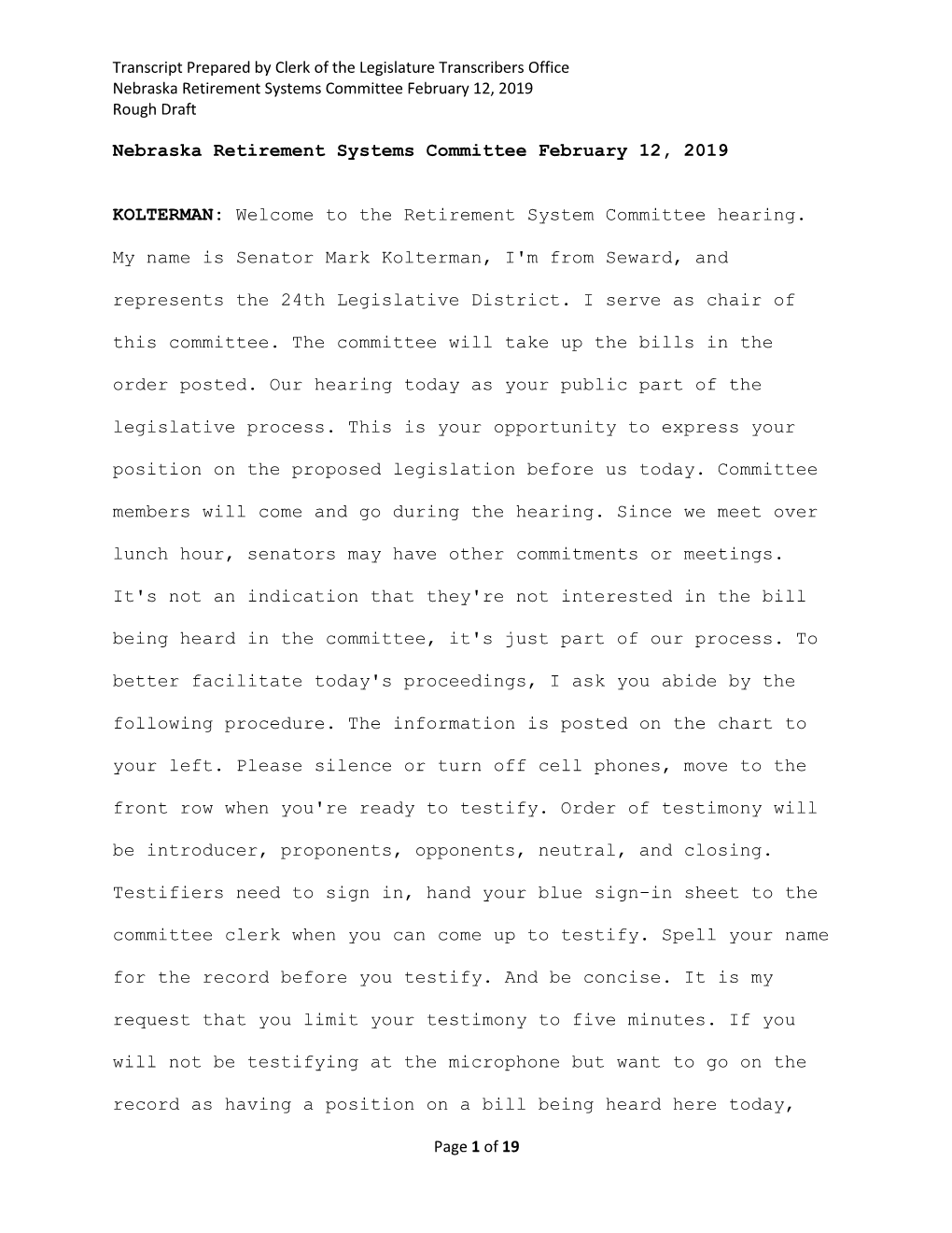 Nebraska Retirement Systems Committee February 12, 2019 Rough Draft