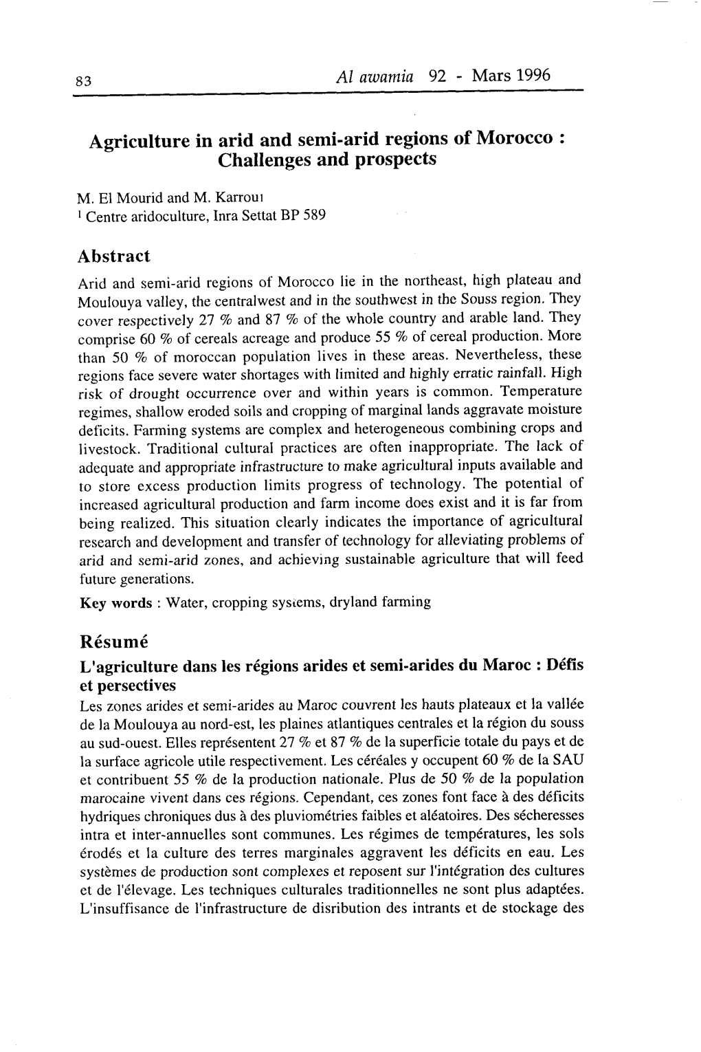 Agriculture in Arid and Semi-Arid Regions of Morocco : Challengesand Prospects