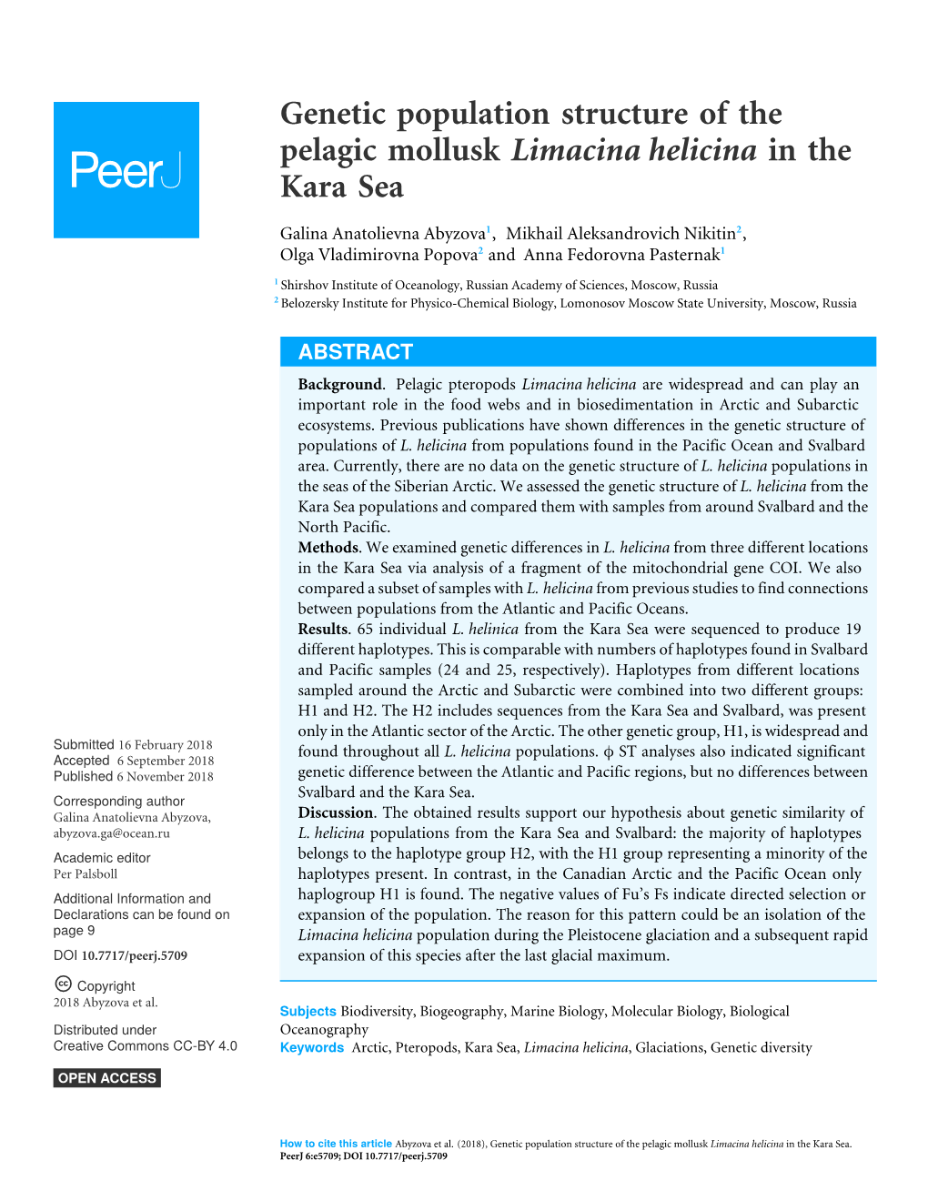 Genetic Population Structure of the Pelagic Mollusk Limacina Helicina in the Kara Sea