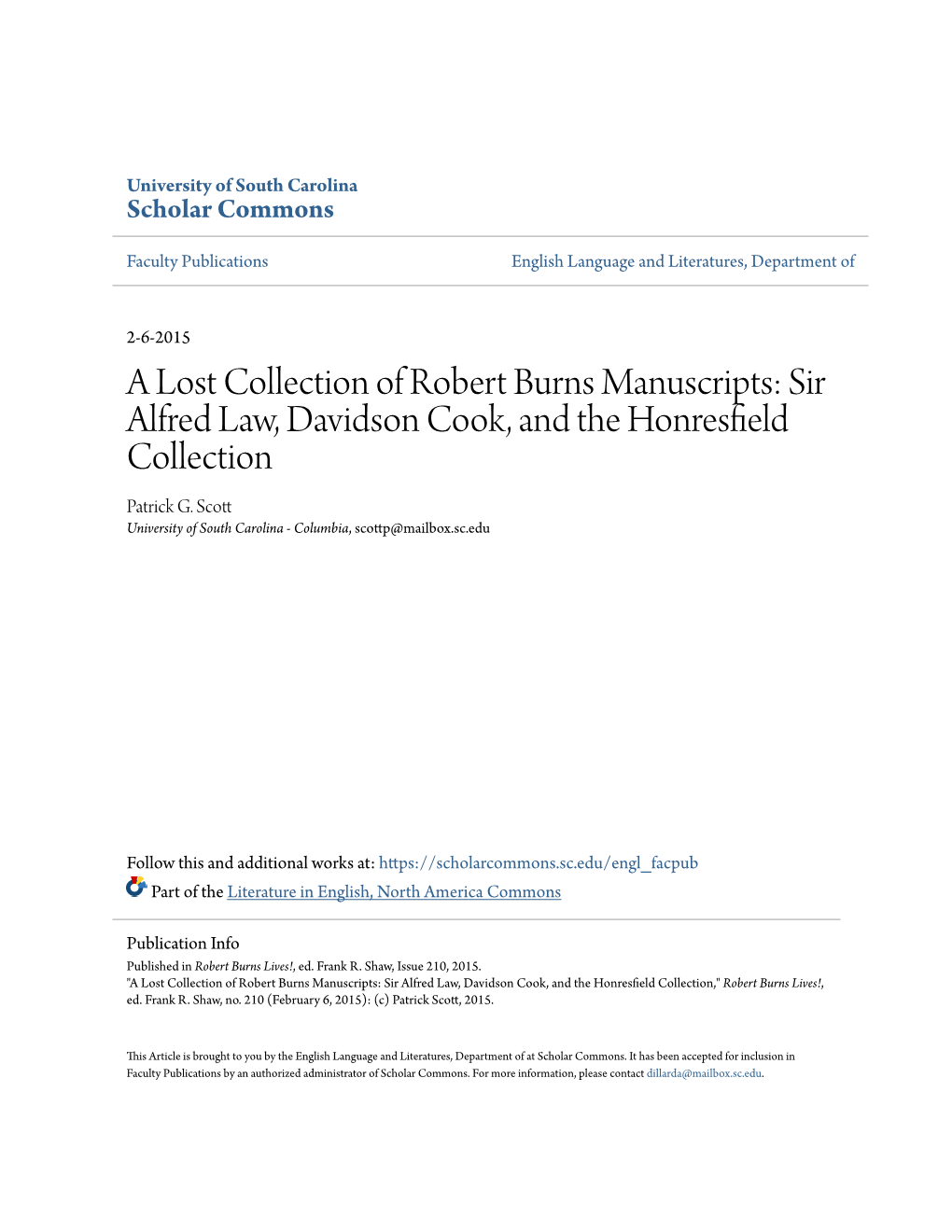 A Lost Collection of Robert Burns Manuscripts: Sir Alfred Law, Davidson Cook, and the Honresfield Collection Patrick G