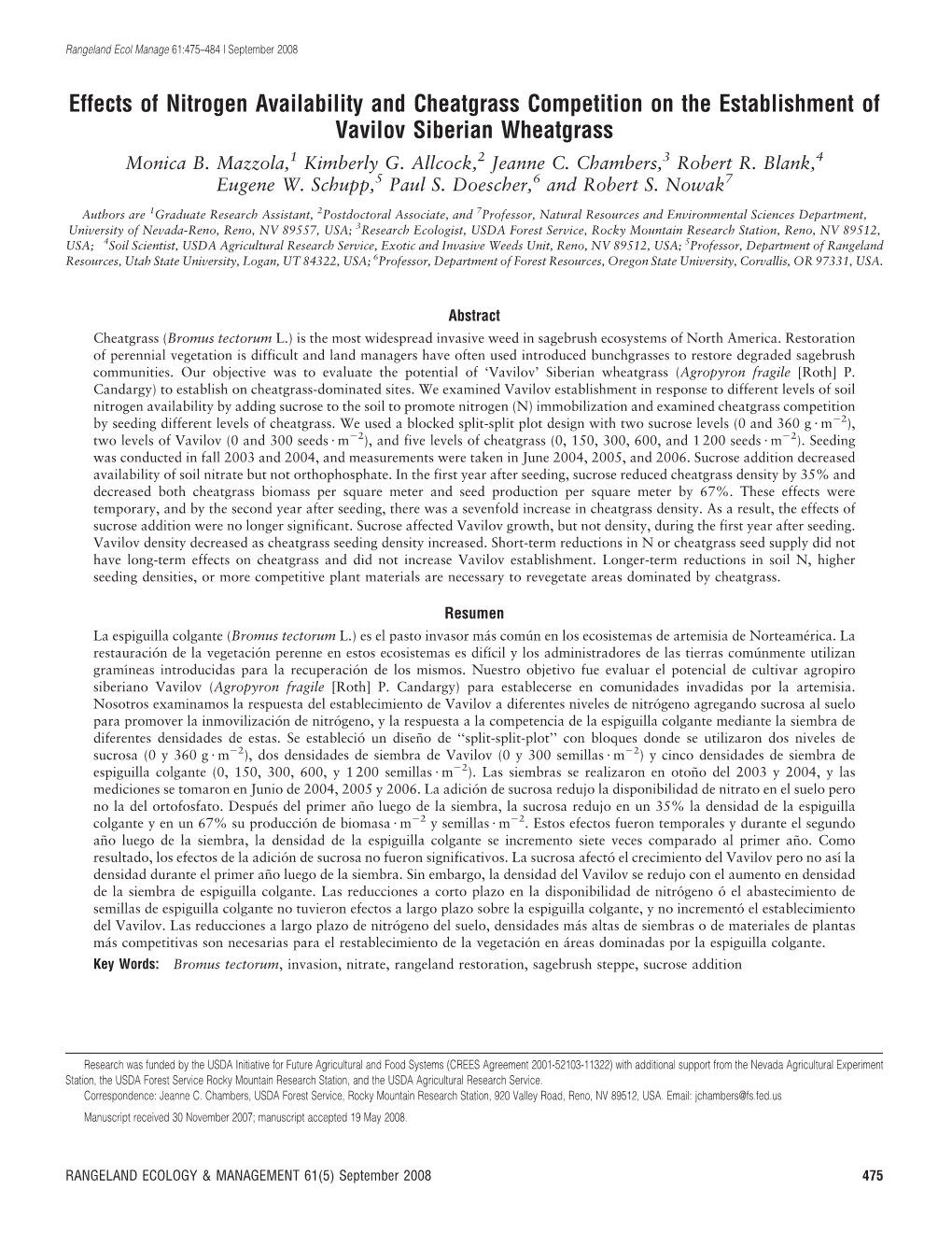 Effects of Nitrogen Availability and Cheatgrass Competition on the Establishment of Vavilov Siberian Wheatgrass Monica B