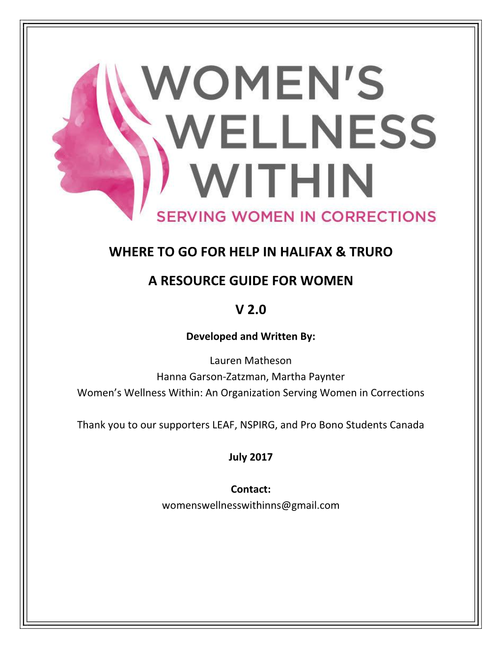 Where to Go for Help in Halifax and Truro: a Resource Guide for Women