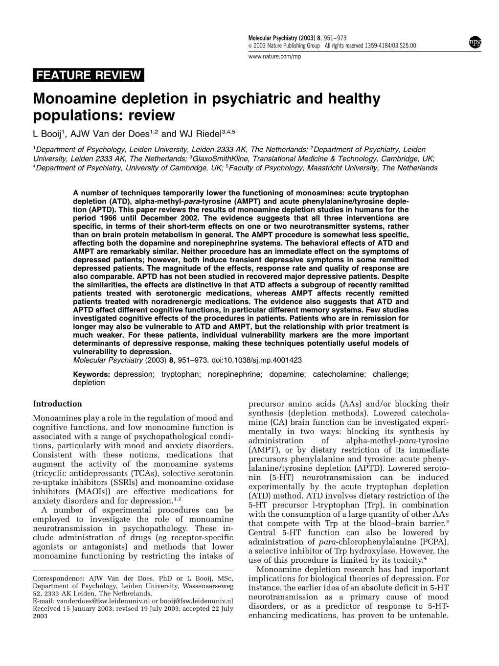 Monoamine Depletion in Psychiatric and Healthy Populations