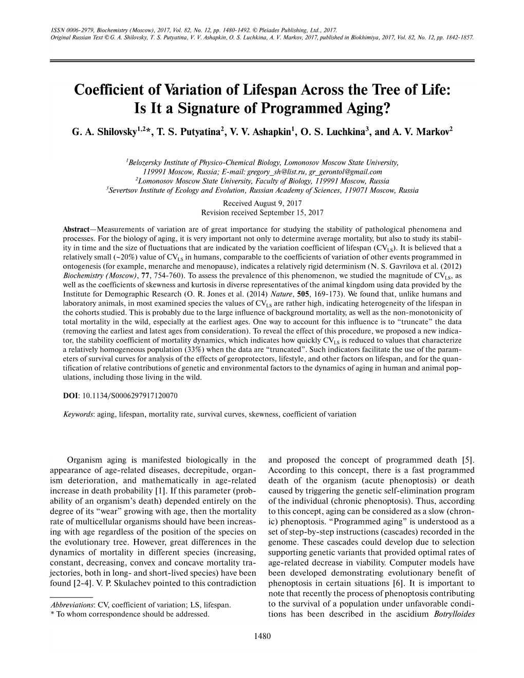 Coefficient of Variation of Lifespan Across the Tree of Life: Is It a Signature of Programmed Aging?