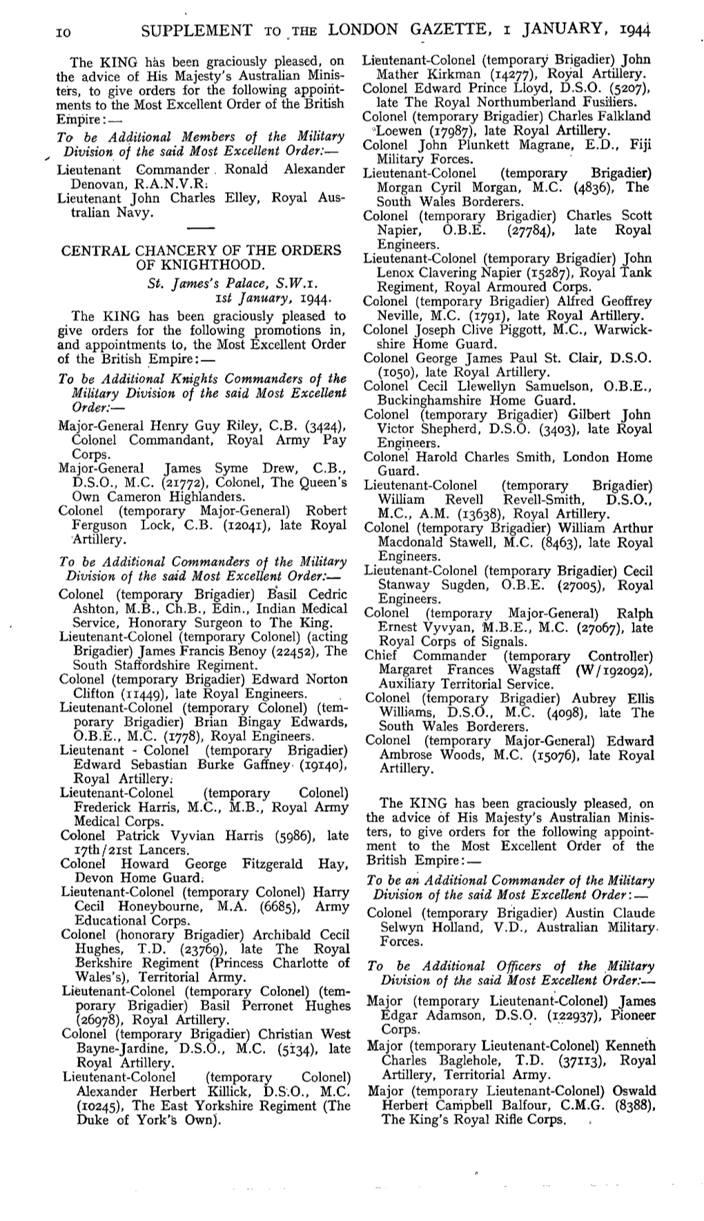 SUPPLEMENT to the LONDON GAZETTE, I JANUARY, 1944