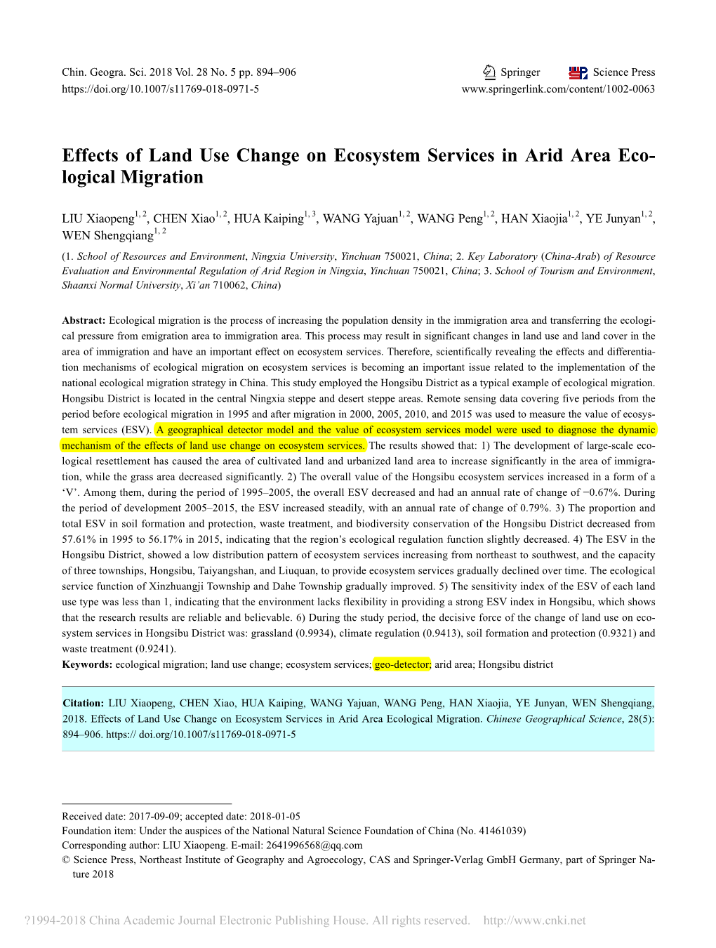 Effects of Land Use Change on Ecosystem Services in Arid Area Eco- Logical Migration