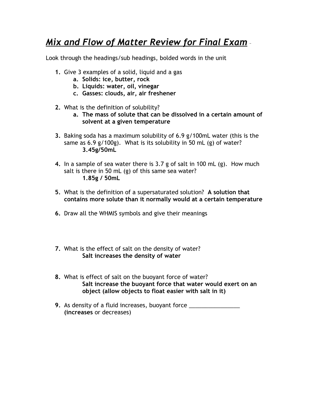 Mix and Flow of Matter Review for Final Exam