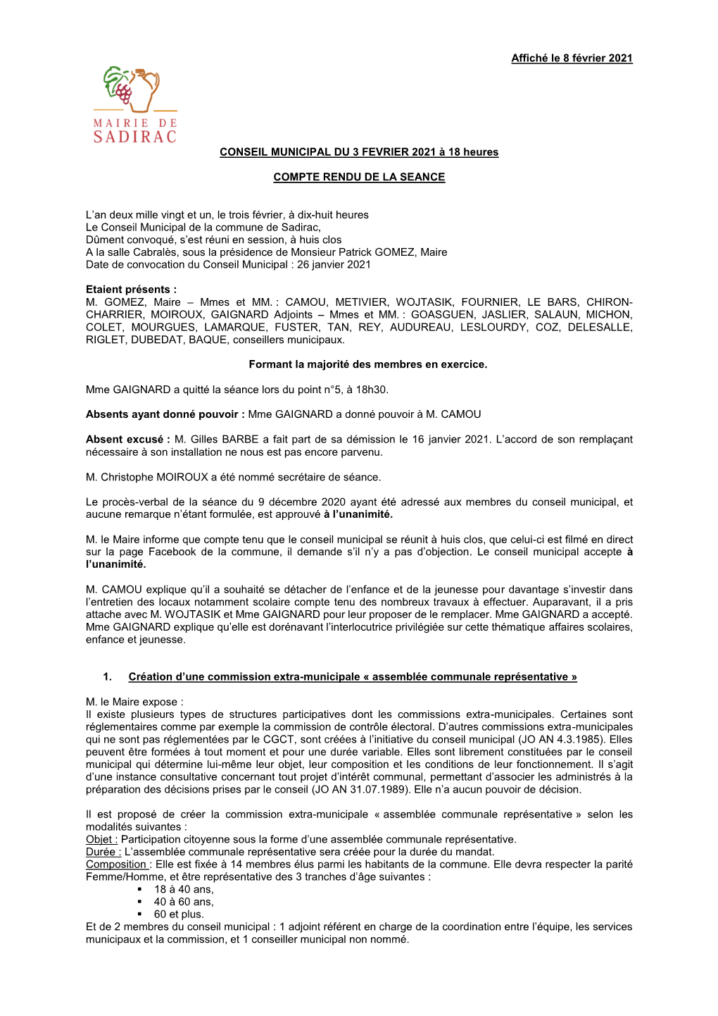 Affiché Le 8 Février 2021 CONSEIL MUNICIPAL DU 3 FEVRIER 2021 À