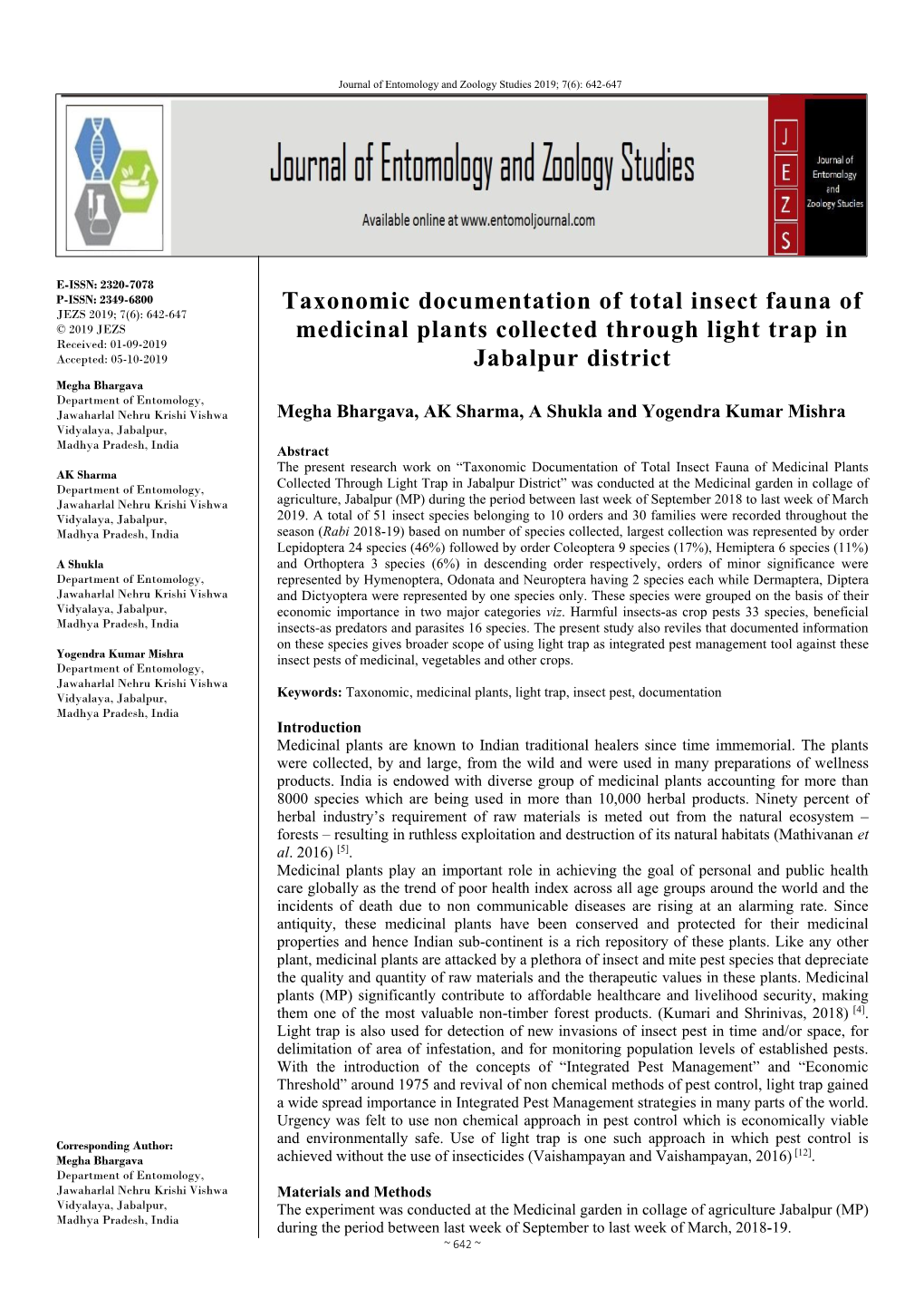 Taxonomic Documentation of Total Insect Fauna of Medicinal Plants Collected Through Light Trap in Jabalpur District