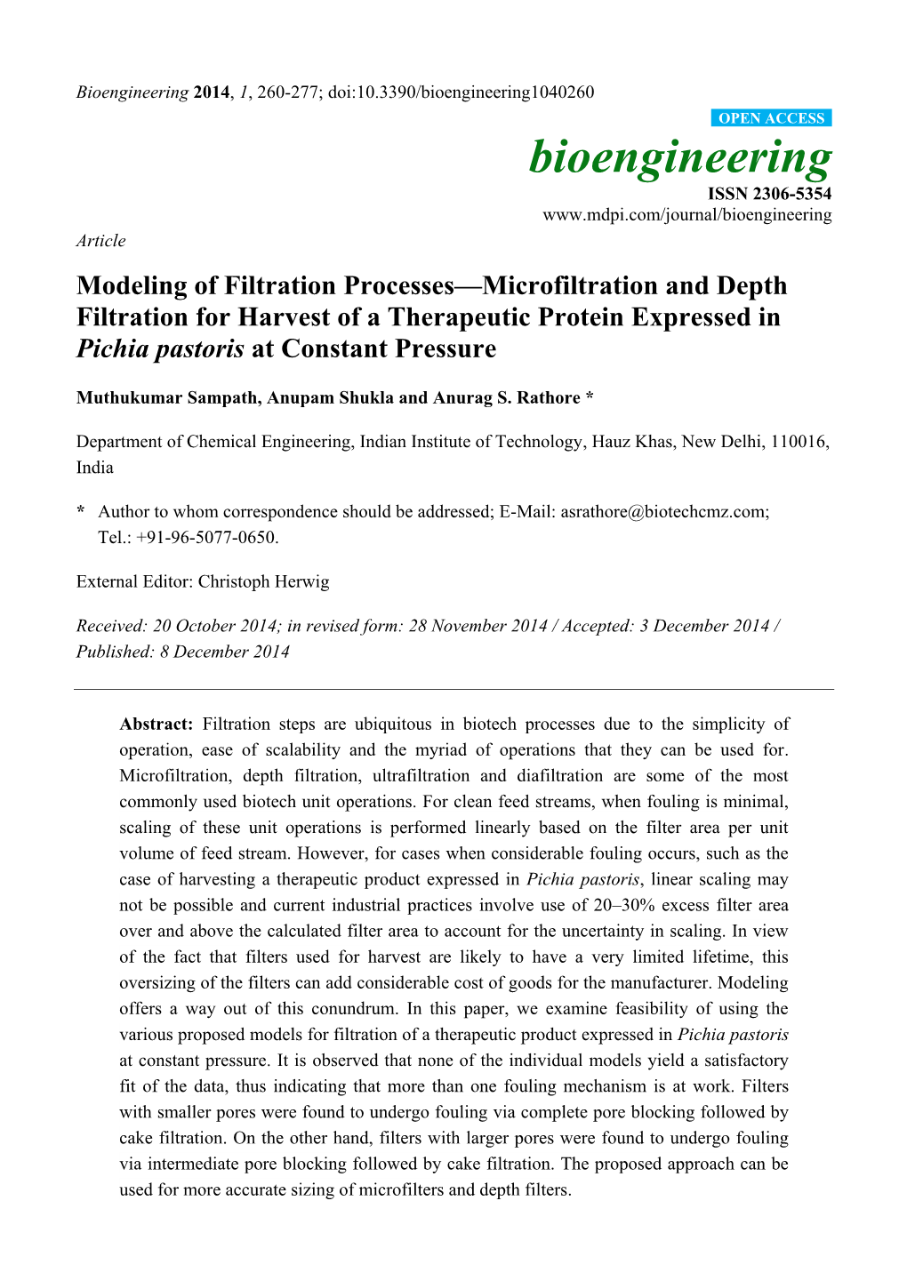 Modeling of Filtration Processes—Microfiltration and Depth Filtration for Harvest of a Therapeutic Protein Expressed in Pichia Pastoris at Constant Pressure