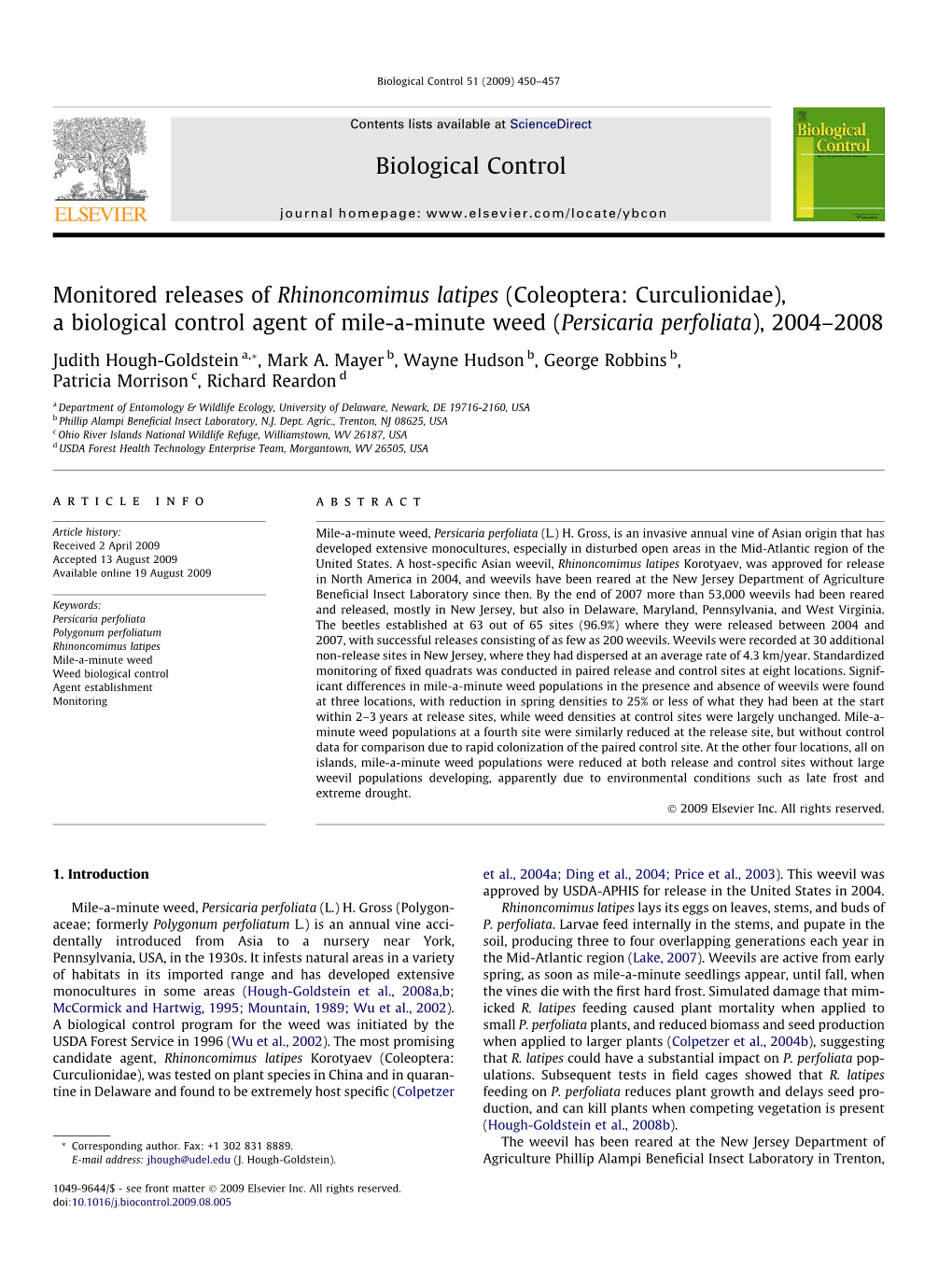 Monitored Releases of Rhinoncomimus Latipes (Coleoptera: Curculionidae), a Biological Control Agent of Mile-A-Minute Weed (Persicaria Perfoliata), 2004–2008