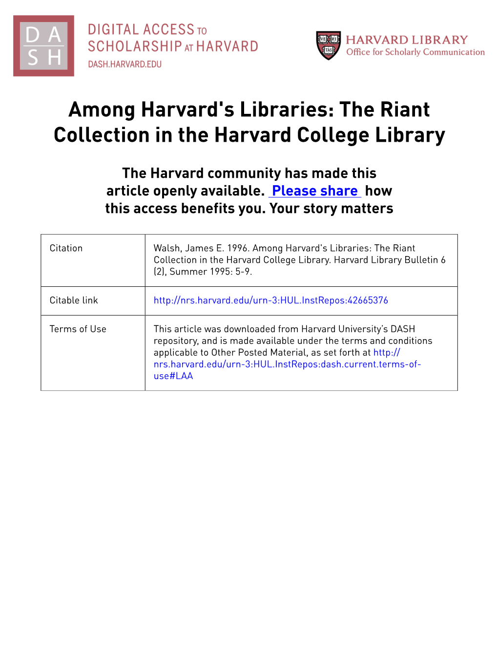 The Riant Collection in the Harvard College Library