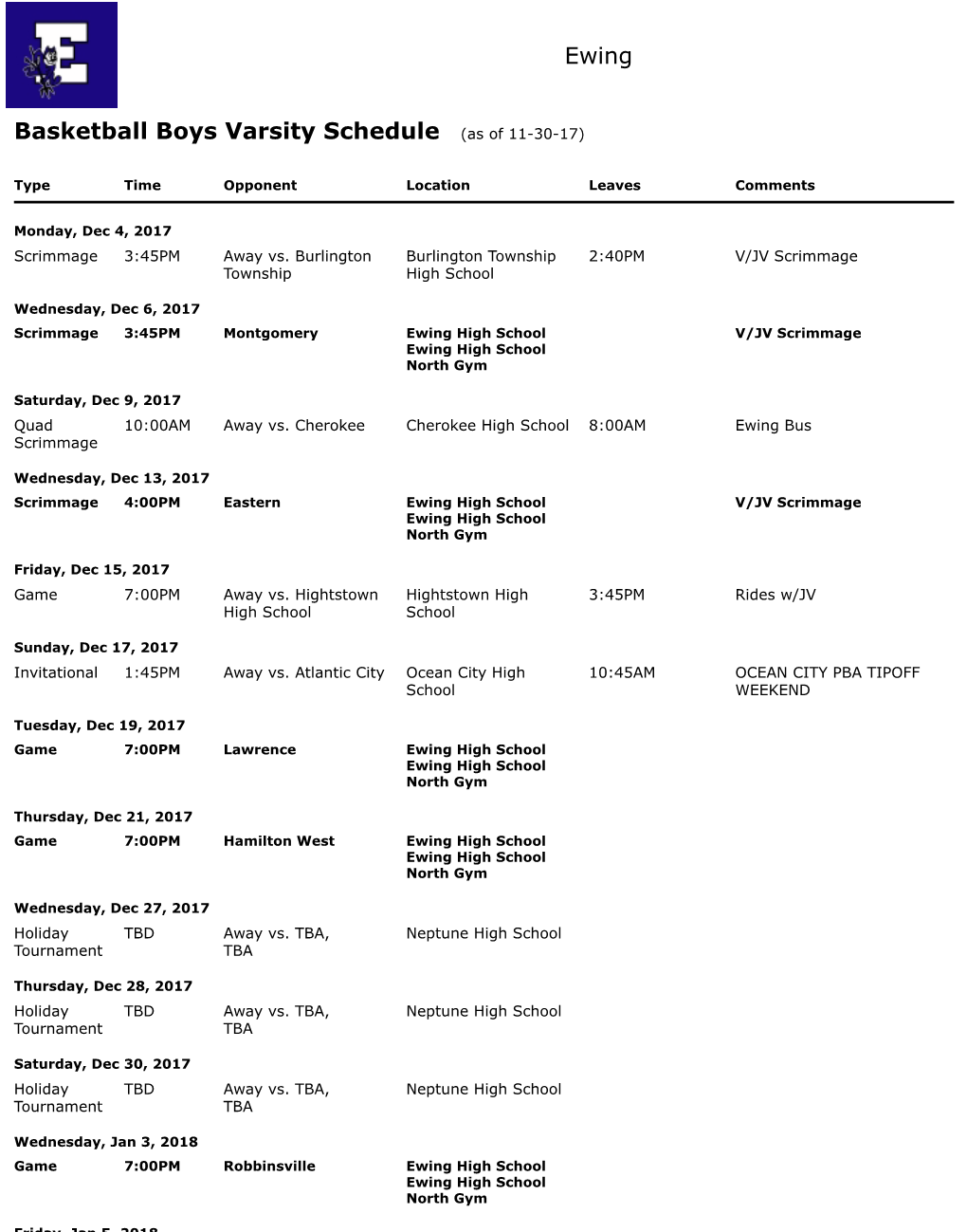 Ewing Basketball Boys Varsity Schedule