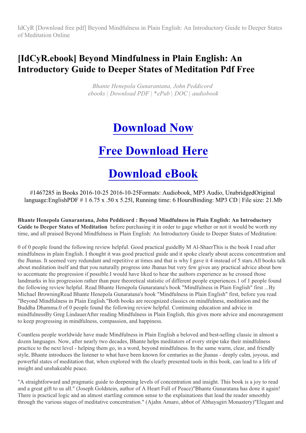 Beyond Mindfulness in Plain English: an Introductory Guide to Deeper States of Meditation Online